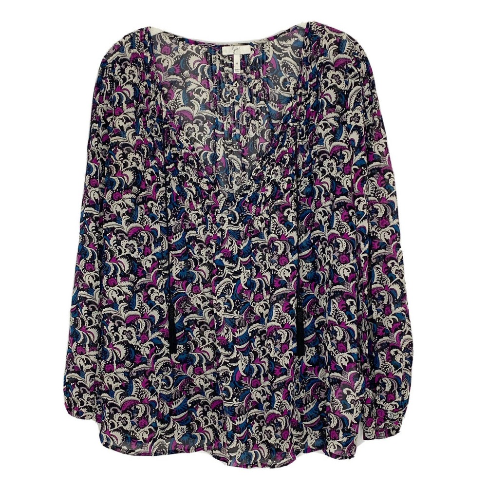 Joie Paisley 100% Silk Women’s Tassel Tie Keyhole Sheer Peasant Top Blouse Sz M - Picture 1 of 6